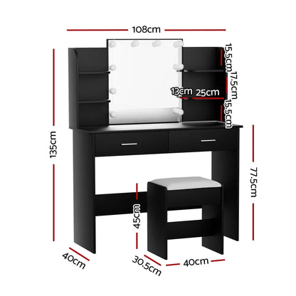 Artiss Dressing Table Set Stool 10 Led Bulbs Black Dulcea - Mekamart Australia