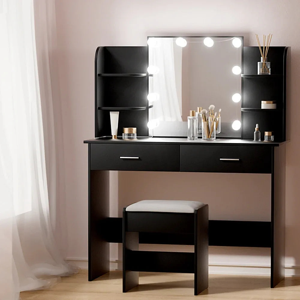 Artiss Dressing Table Set Stool 10 Led Bulbs Black Dulcea - Mekamart Australia