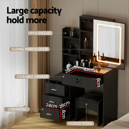 Artiss Dressing Table Vanity Desk Set Stool Led Black - Mekamart Australia