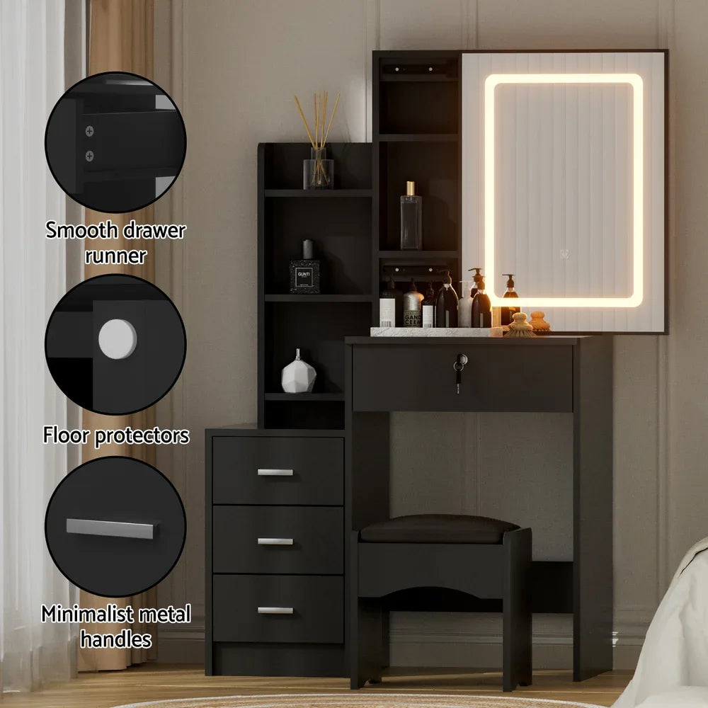 Artiss Dressing Table Vanity Desk Set Stool Led Black - Mekamart Australia