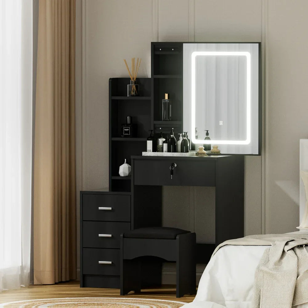 Artiss Dressing Table Vanity Desk Set Stool Led Black - Mekamart Australia