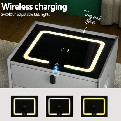 Artiss Smart Bedside Table with Wireless Charging - AIKA Grey - Mekamart Australia