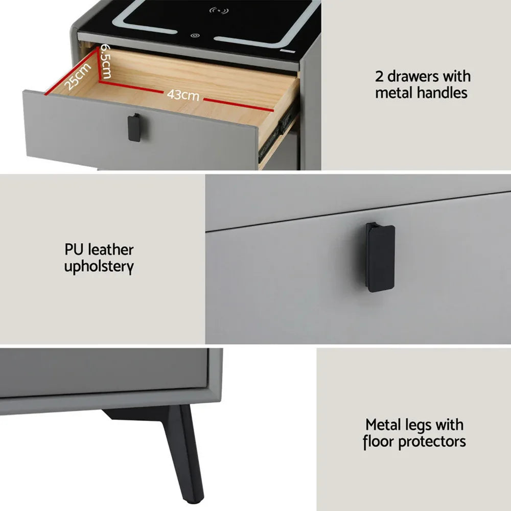 Artiss Smart Bedside Table with Wireless Charging - AIKA Grey - Mekamart Australia