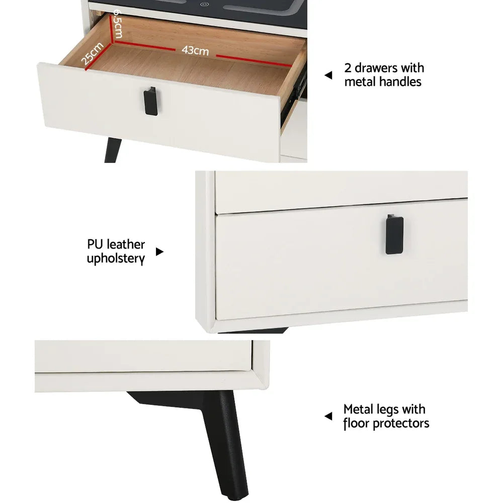 Artiss Smart Bedside Table 2 Drawers with Wireless Charging Ports LED White AIKA - Mekamart Australia
