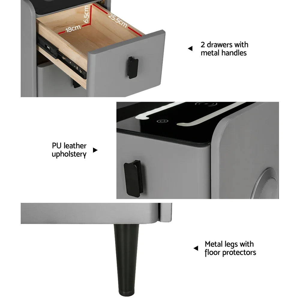 Artiss Smart Bedside Table 2 Drawers with Wireless Charging Ports LED Grey AIDA - Mekamart Australia