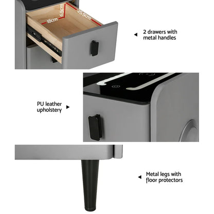 Artiss Smart Bedside Table 2 Drawers with Wireless Charging Ports LED Grey AIDA - Mekamart Australia