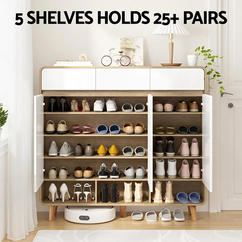 Artiss Shoe Rack Cabinet 25 Pairs Storage Cupboard Pine&White - Mekamart Australia