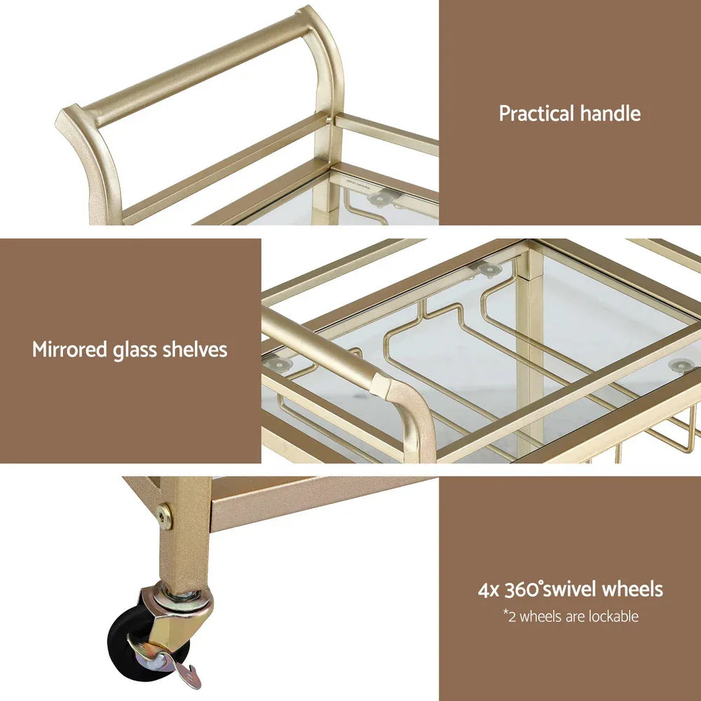 Artiss Kitchen Island Cart Trolley Rolling Serving Storage Wine Glass 43cm Gold - Mekamart Australia