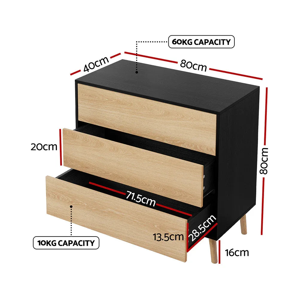 Artiss 3 Chest of Drawers Dresser Table Black&Pine - Mekamart Australia