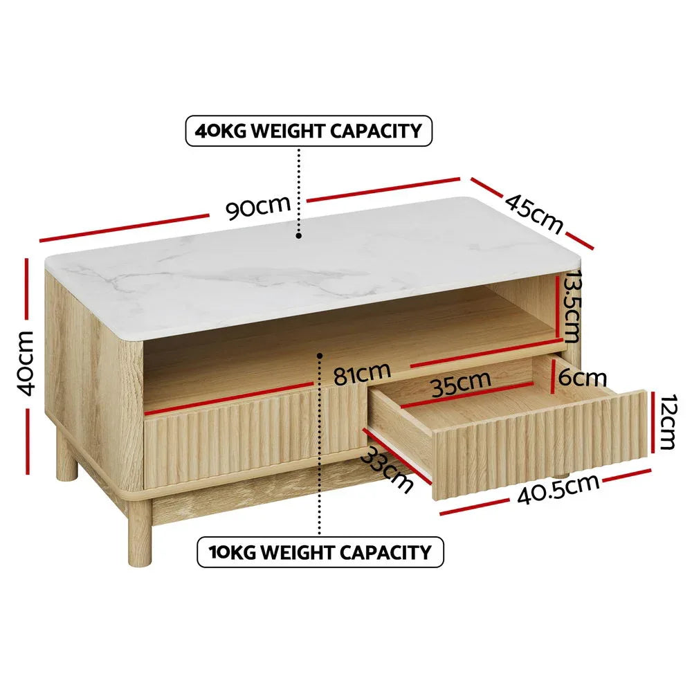 Artiss Coffee Table Drawer Shelf Marble Effect Wood&White - Mekamart Australia