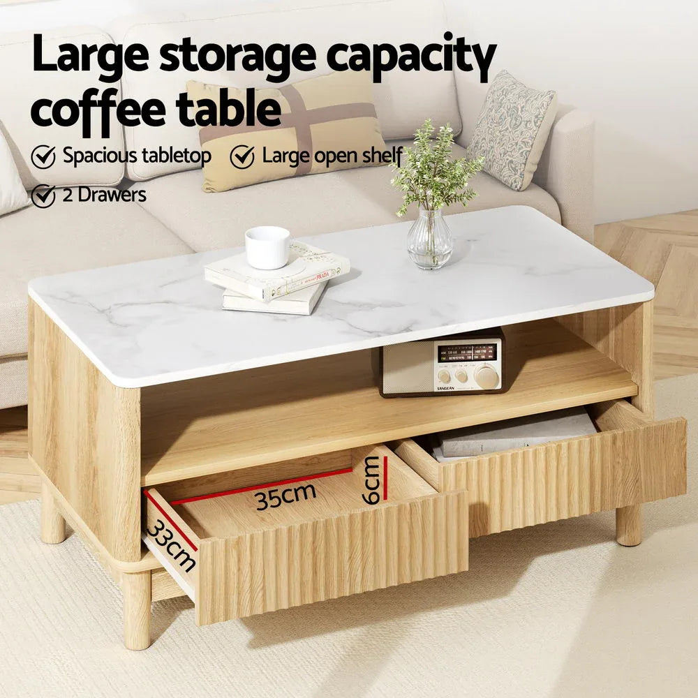 Artiss Coffee Table Drawer Shelf Marble Effect Wood&White - Mekamart Australia
