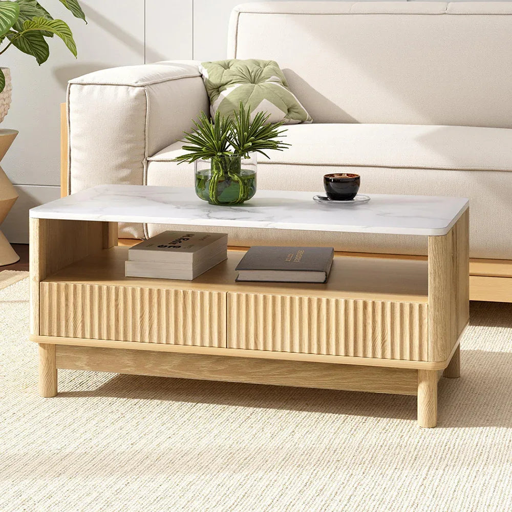 Artiss Coffee Table Drawer Shelf Marble Effect Wood&White - Mekamart Australia