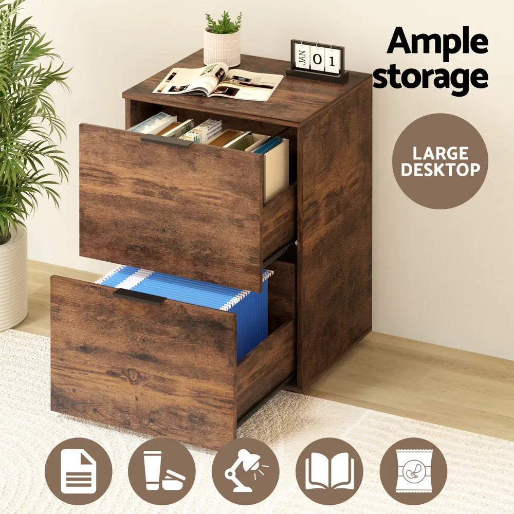 Artiss Filing Cabinet Files Storage Office Shelves File Organiser Rustic Brown 2 Drawer - Mekamart Australia