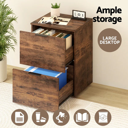 Artiss Filing Cabinet Files Storage Office Shelves File Organiser Rustic Brown 2 Drawer - Mekamart Australia