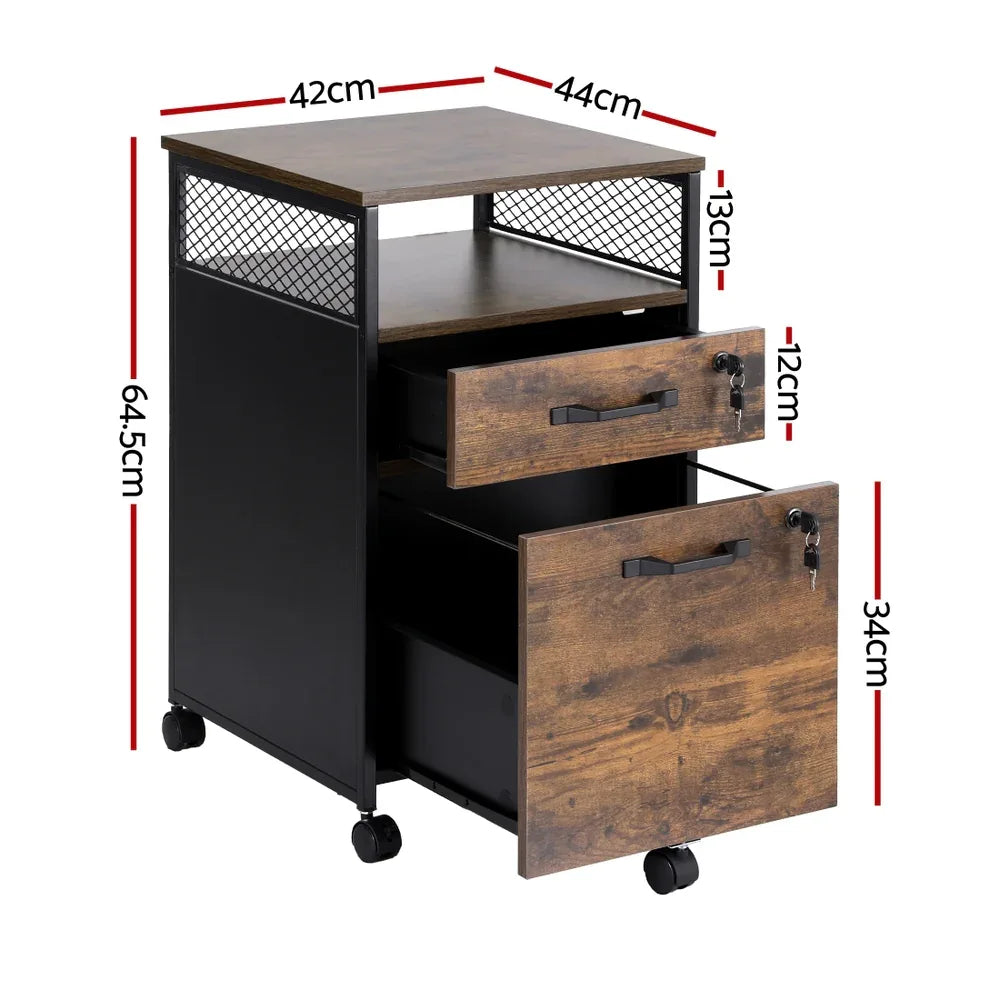 Artiss Filing Cabinet File Cabinet with Wheels 2 Drawer Storage Rustic Brown - Mekamart Australia