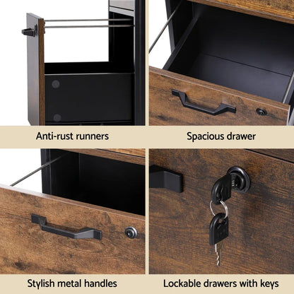 Artiss Filing Cabinet File Cabinet with Wheels 2 Drawer Storage Rustic Brown - Mekamart Australia