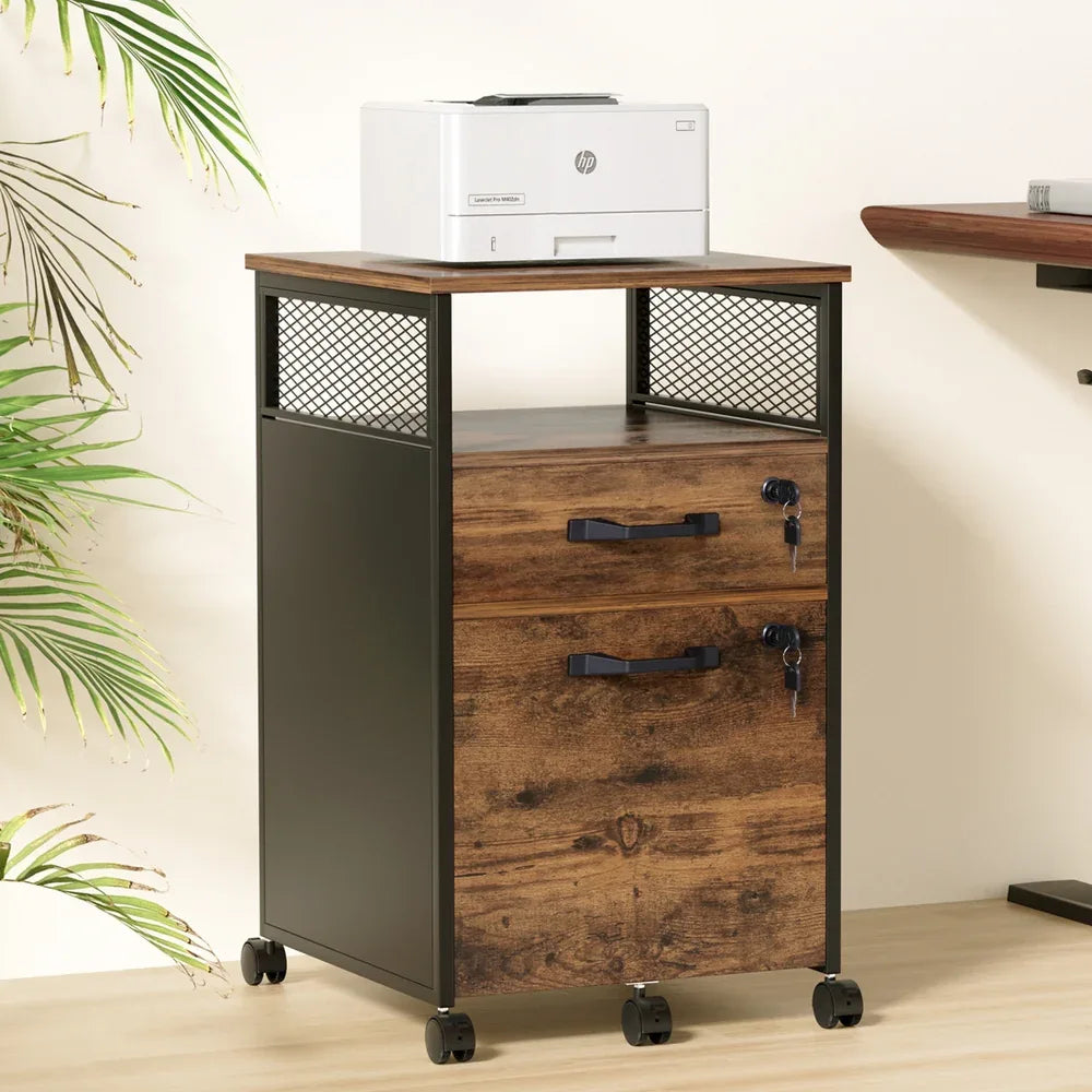 Artiss Filing Cabinet File Cabinet with Wheels 2 Drawer Storage Rustic Brown - Mekamart Australia