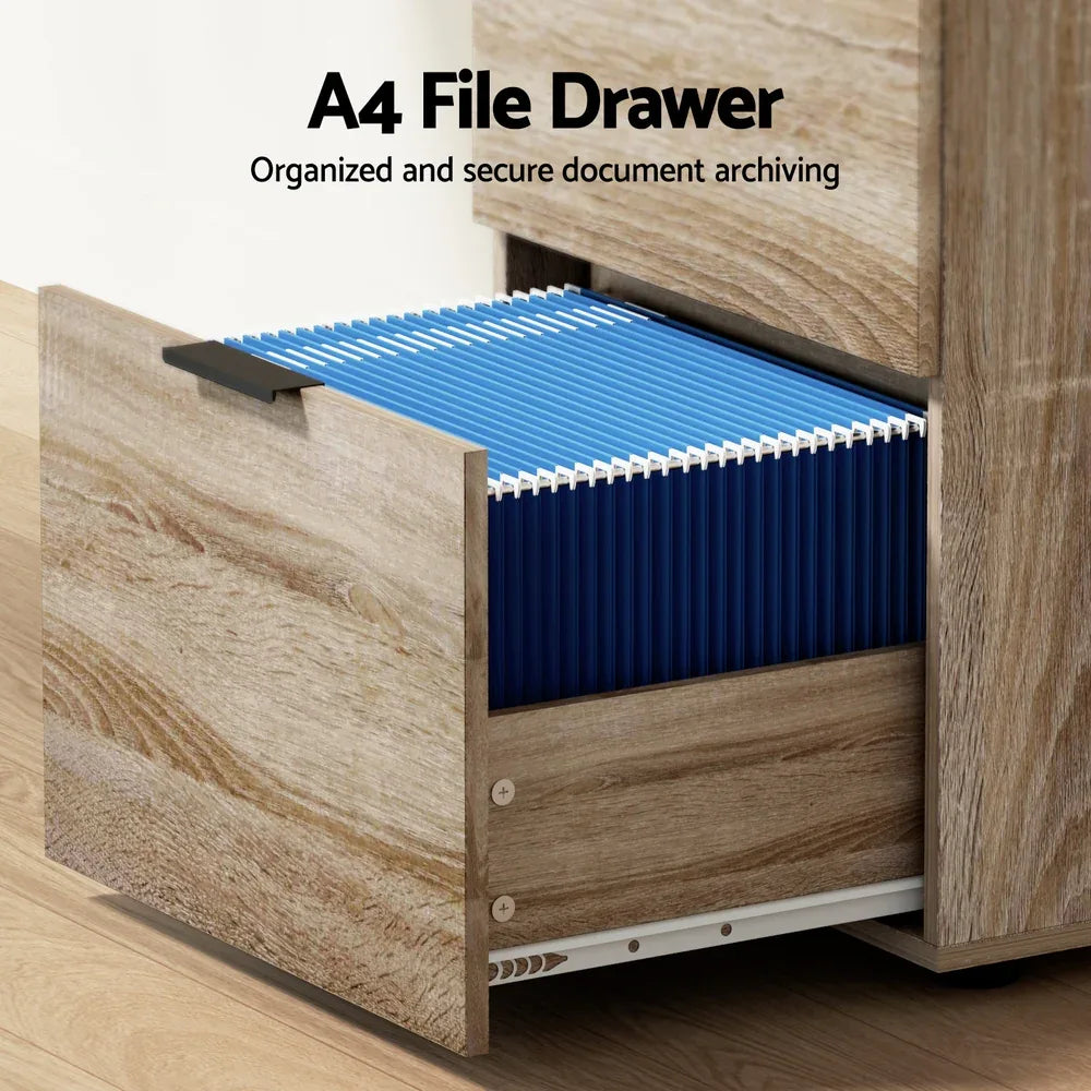 Artiss Filing Cabinet Files Storage Office Shelves File Organiser Oak 2 Drawer - Mekamart Australia