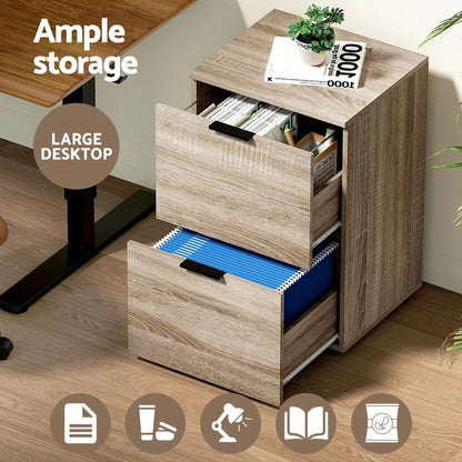 Artiss Filing Cabinet Files Storage Office Shelves File Organiser Oak 2 Drawer - Mekamart Australia