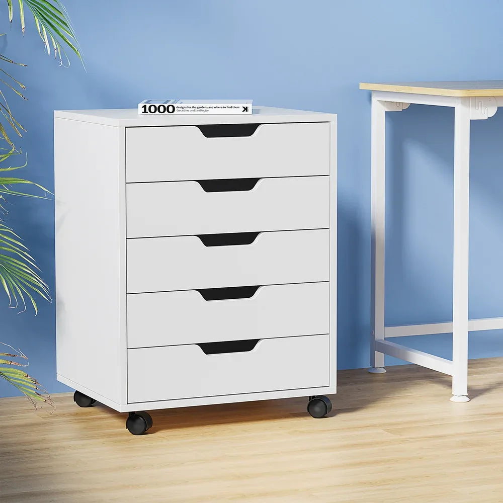 Artiss 5-Drawer Filing Cabinet Mobile Rolling Storage Cabinet Chest of Drawers Stand White - Mekamart Australia