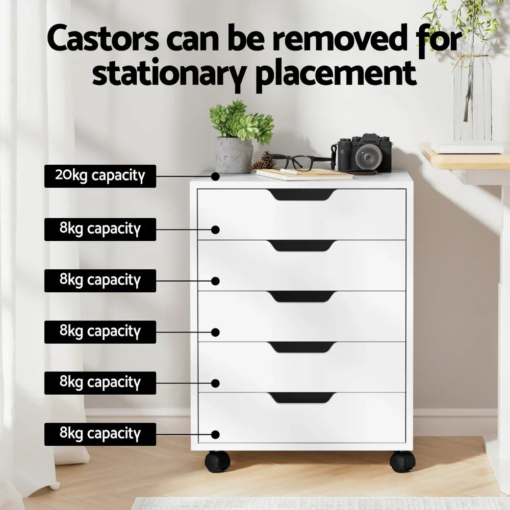 Artiss 5-Drawer Filing Cabinet Mobile Rolling Storage Cabinet Chest of Drawers Stand White - Mekamart Australia