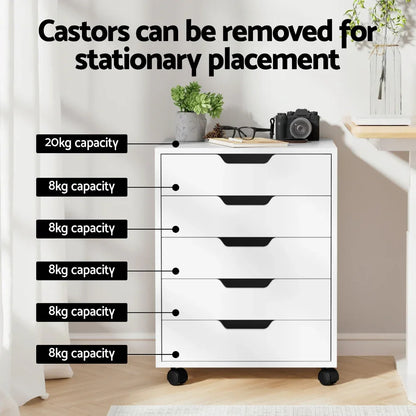 Artiss 5-Drawer Filing Cabinet Mobile Rolling Storage Cabinet Chest of Drawers Stand White - Mekamart Australia