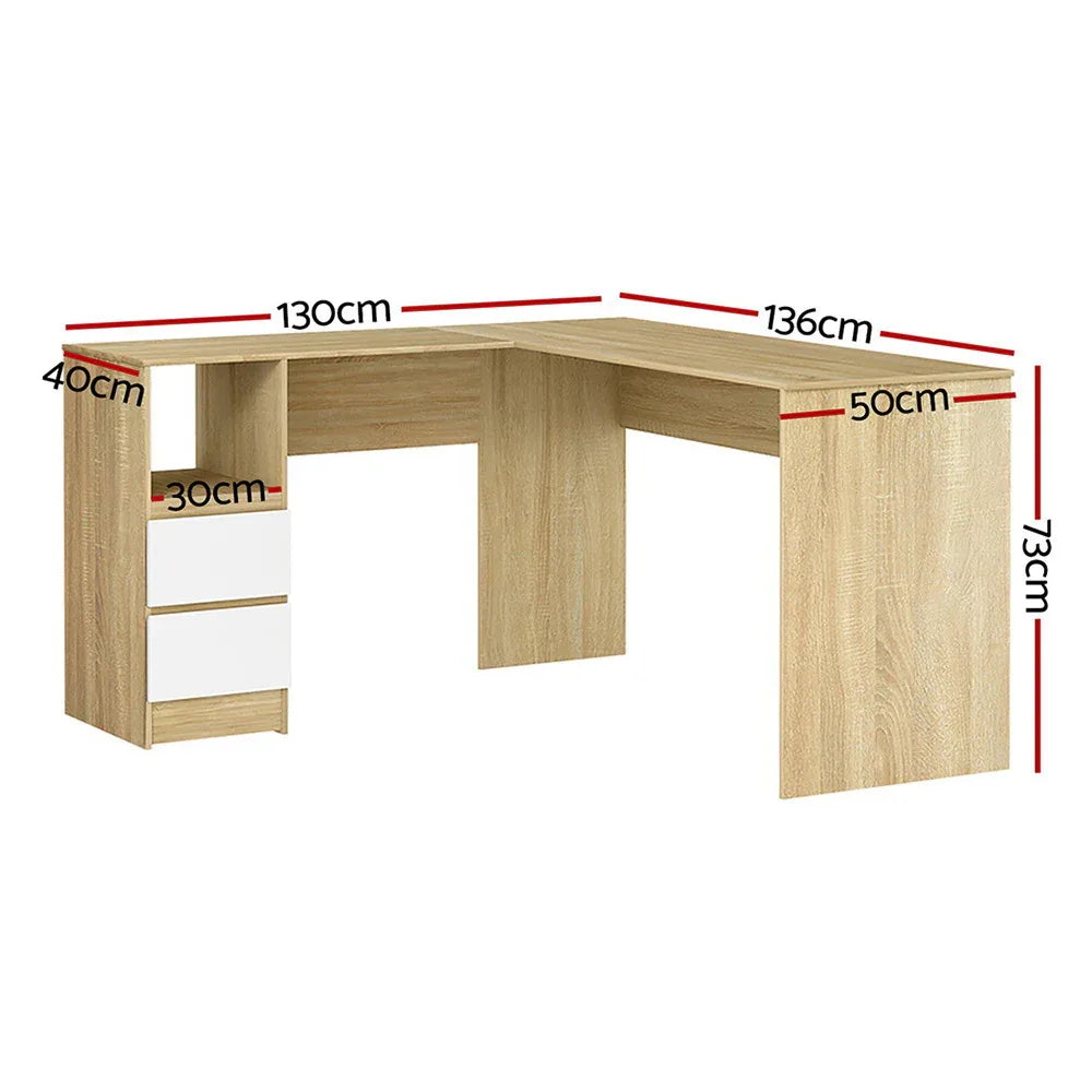 Artiss Computer Desk Drawer Cabinet L-Shape Oak 136CM - Mekamart Australia