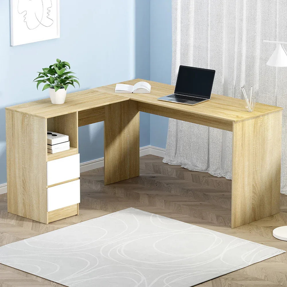 Artiss Computer Desk Drawer Cabinet L-Shape Oak 136CM - Mekamart Australia