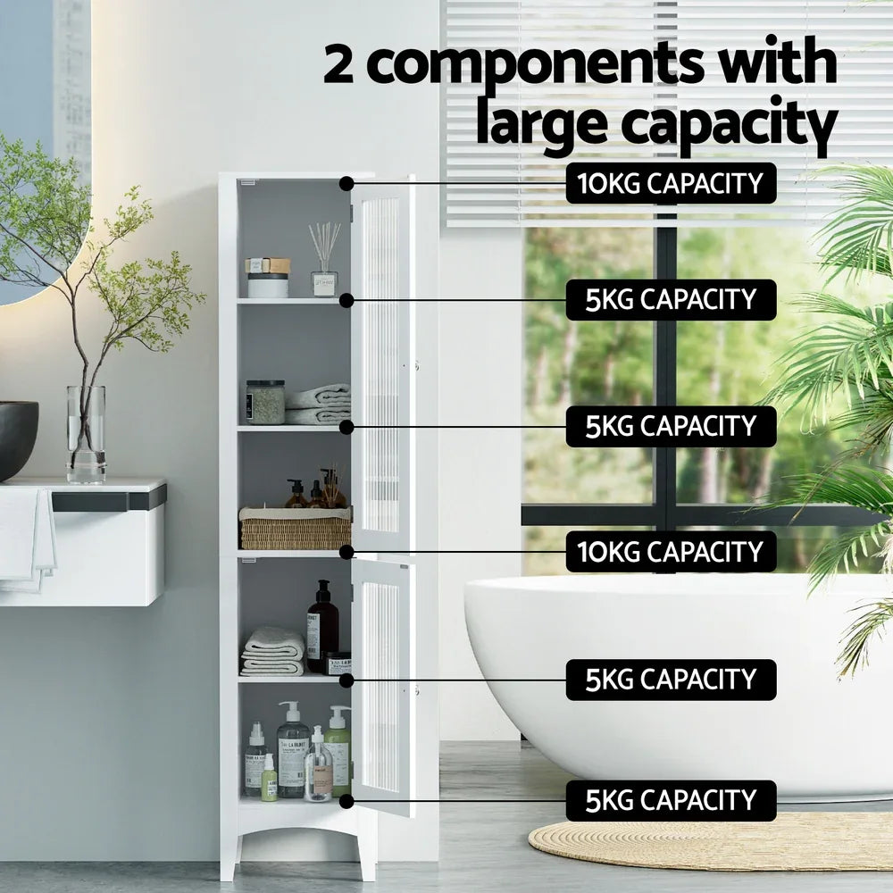 Artiss Bathroom Storage Cabinet 160cm Tall Slim Floor Cupboard Toilet Glass Door White - Mekamart Australia