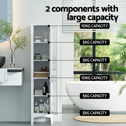 Artiss Bathroom Storage Cabinet 160cm Tall Slim Floor Cupboard Toilet Glass Door White - Mekamart Australia