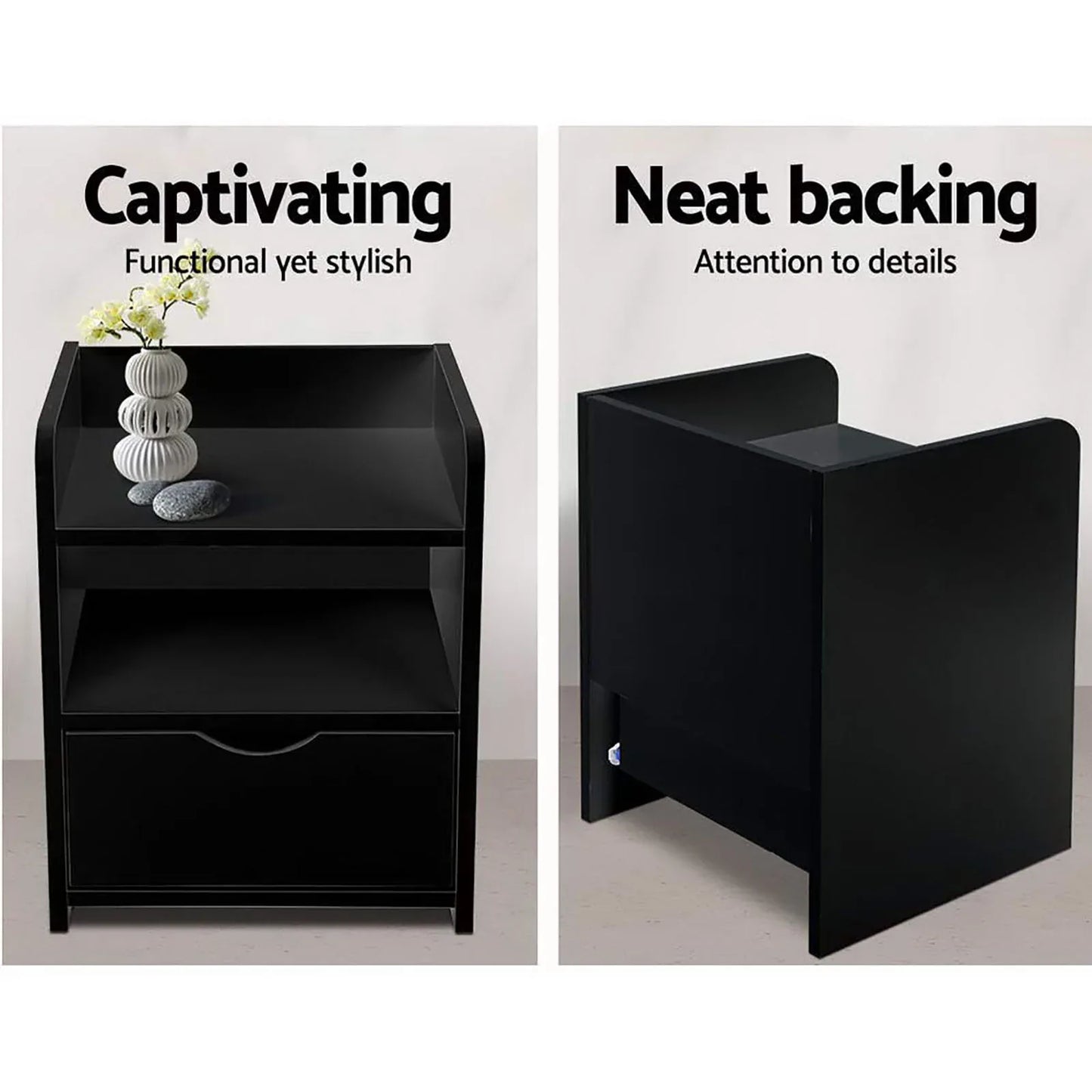 Artiss 2X Bedside Table 1 Drawer with Shelf - FARA Black - Mekamart Australia