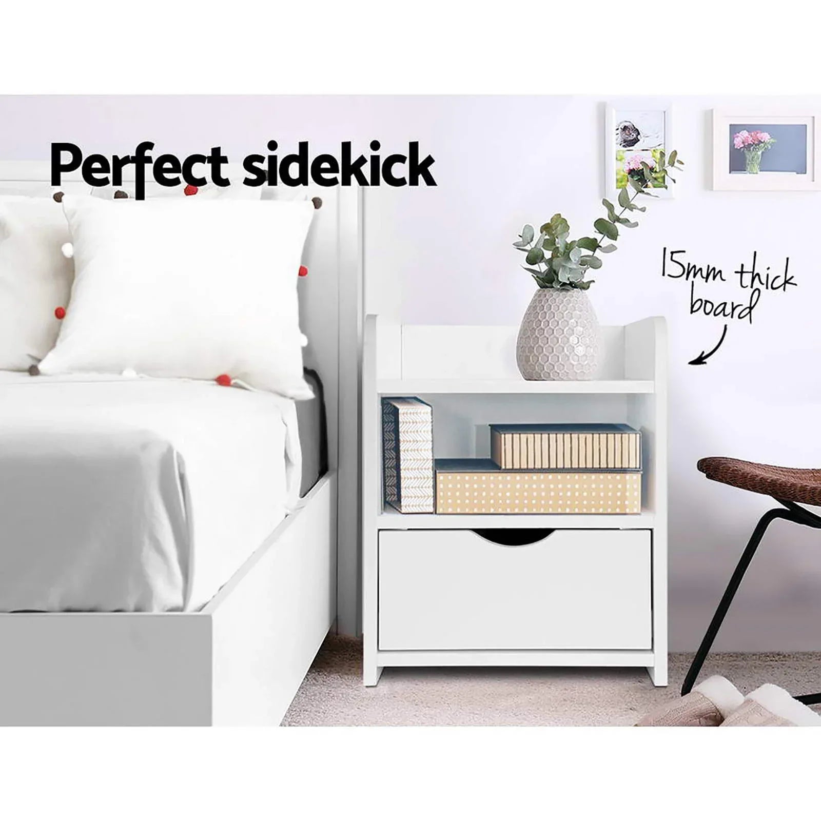 Artiss 2X Bedside Table 1 Drawer with Shelf - FARA White - Mekamart Australia