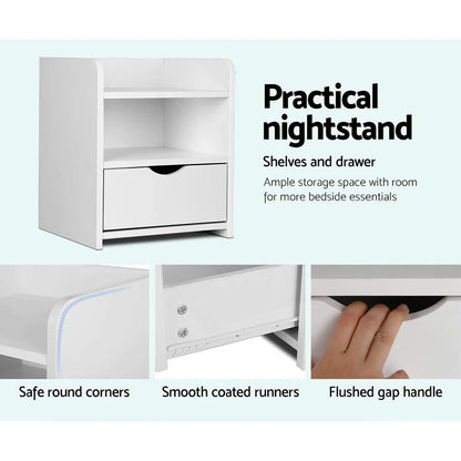 Artiss 2X Bedside Table 1 Drawer with Shelf - FARA White - Mekamart Australia