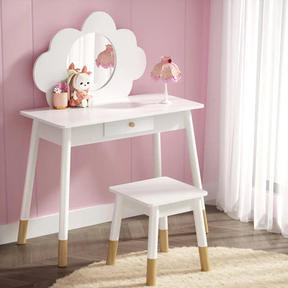 Keezi Kids Dressing Table Chair Set Vanity Makeup Wooden Leg Mirror Drawer - Mekamart Australia