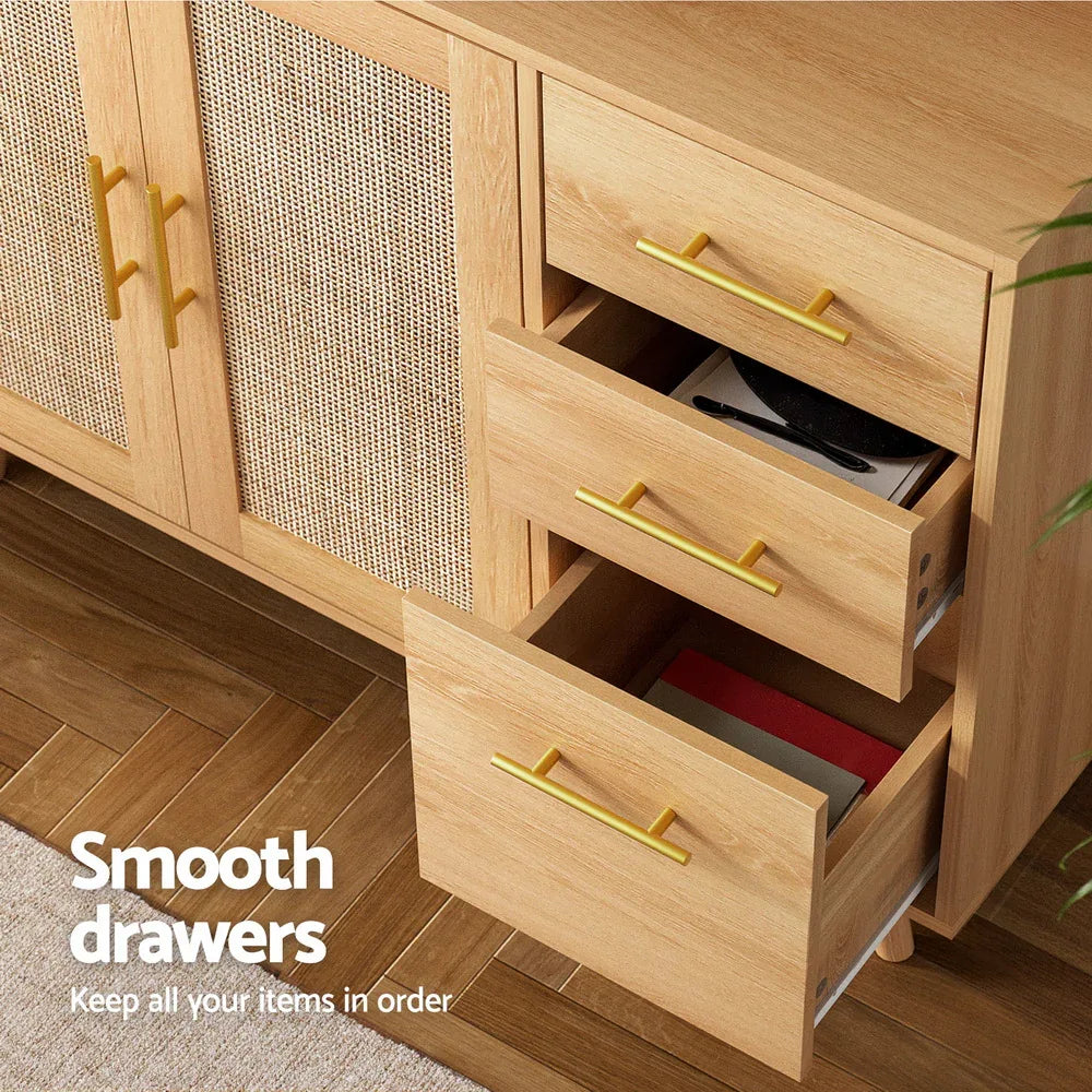 Artiss Buffet Sideboard Hutch Storage Cabinet Kitchen Cupboard Hooks Rattan Pine - Mekamart Australia