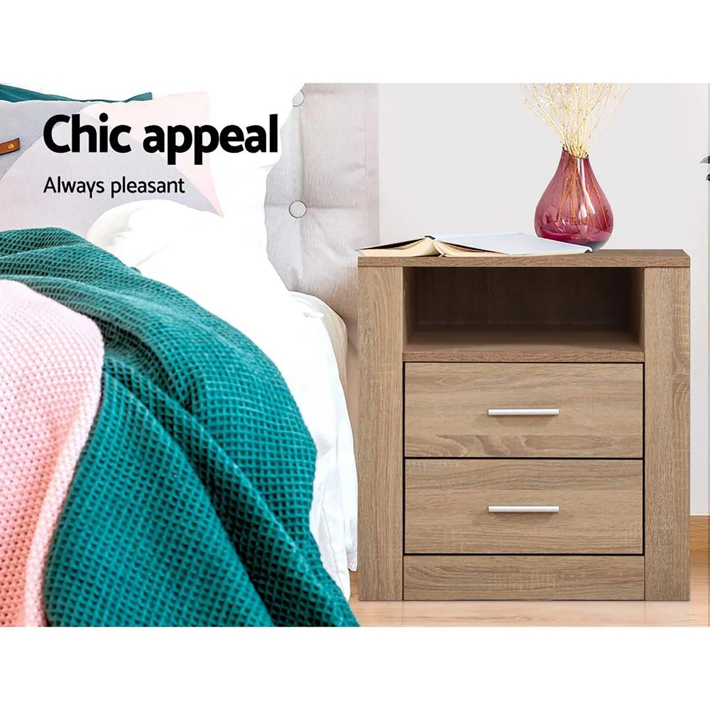 Artiss 2X Bedside Table 2 Drawers with Shelf - TARA Oak - Mekamart Australia