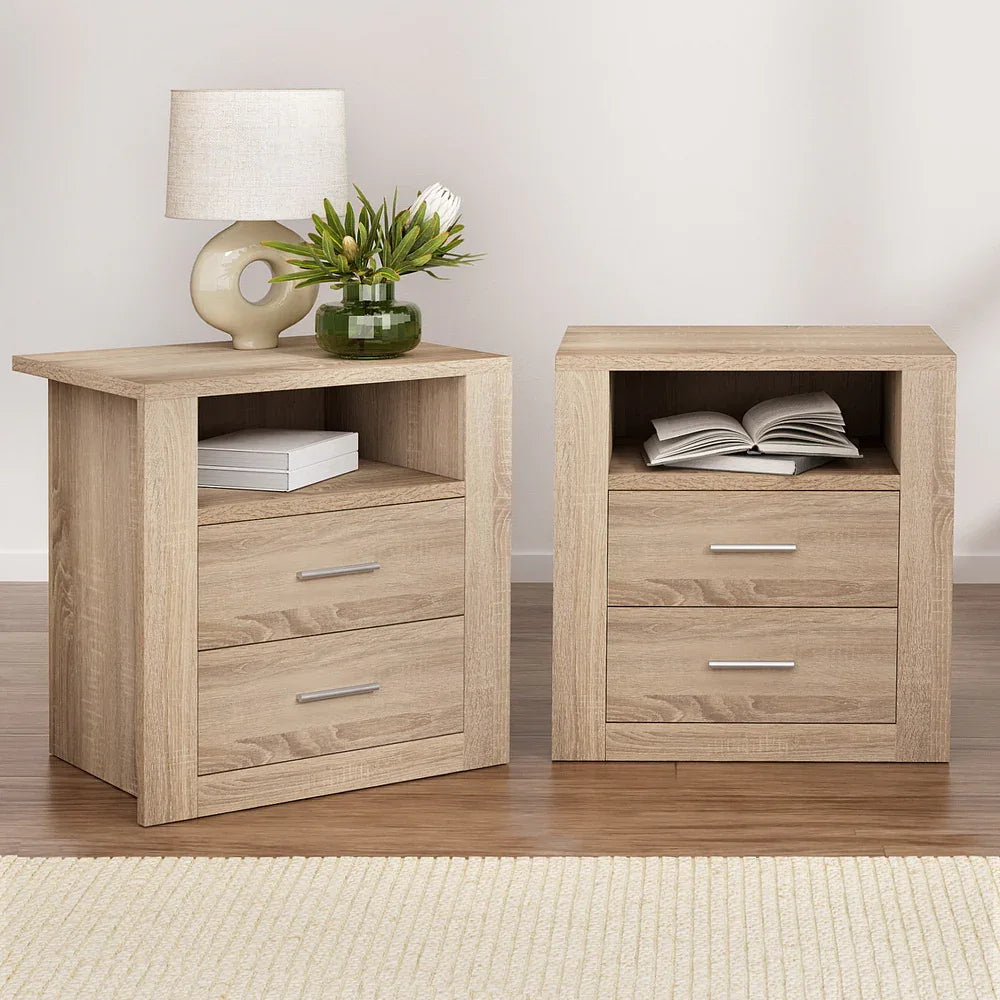 Artiss 2X Bedside Table 2 Drawers with Shelf - TARA Oak - Mekamart Australia