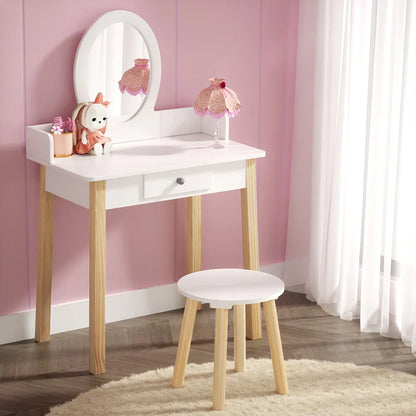 Keezi Kids Dressing Table Chair Set Wooden Leg Vanity Makeup Drawer Mirror - Mekamart Australia
