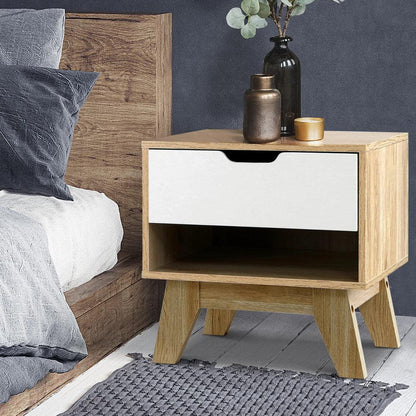 Artiss Bedside Table 1 Drawer with Shelf - IKER White & Oak - Mekamart Australia