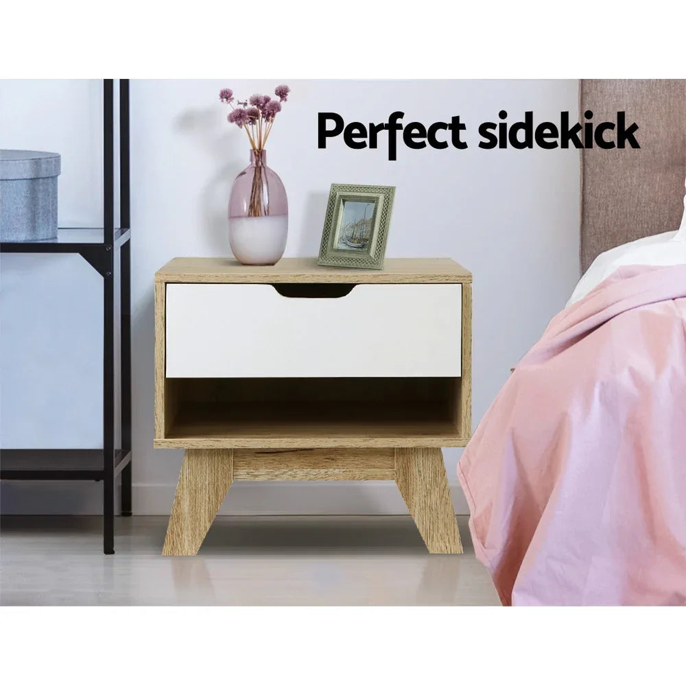 Artiss Bedside Table 1 Drawer with Shelf - IKER White & Oak - Mekamart Australia
