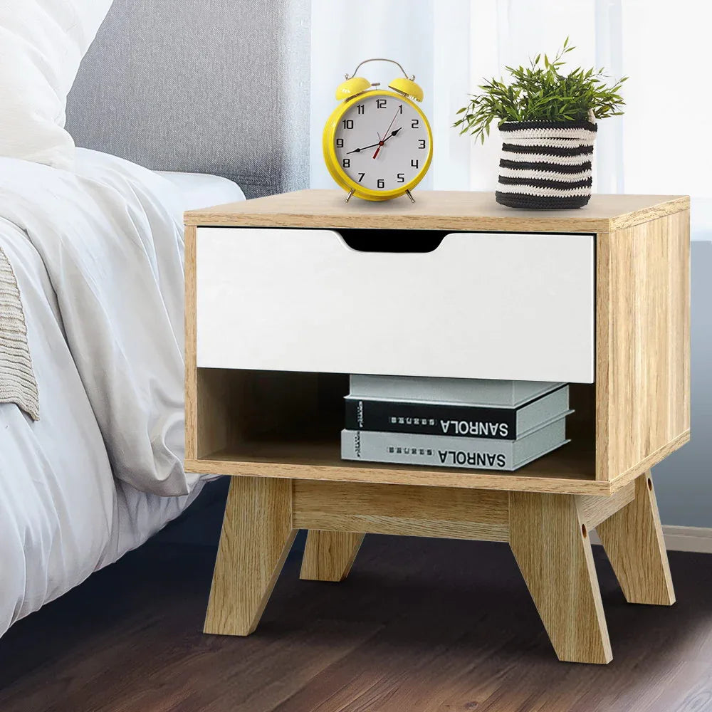 Artiss Bedside Table 1 Drawer with Shelf - IKER White & Oak - Mekamart Australia