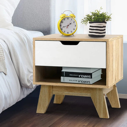 Artiss Bedside Table 1 Drawer with Shelf - IKER White & Oak - Mekamart Australia