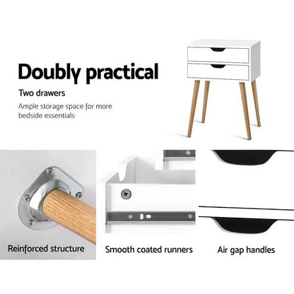 Artiss Bedside Table 2 Drawers - BODIE White - Mekamart Australia