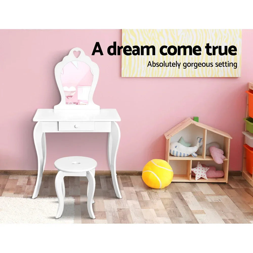 Keezi Kids Dressing Table Stool Set Vanity Mirror Princess Children Makeup White - Mekamart Australia