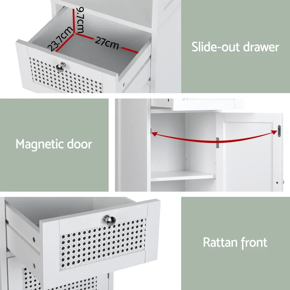 Artiss Bathroom Cabinet Storage 161cm White Rattan Tallboy Toilet Cupboard - Mekamart Australia
