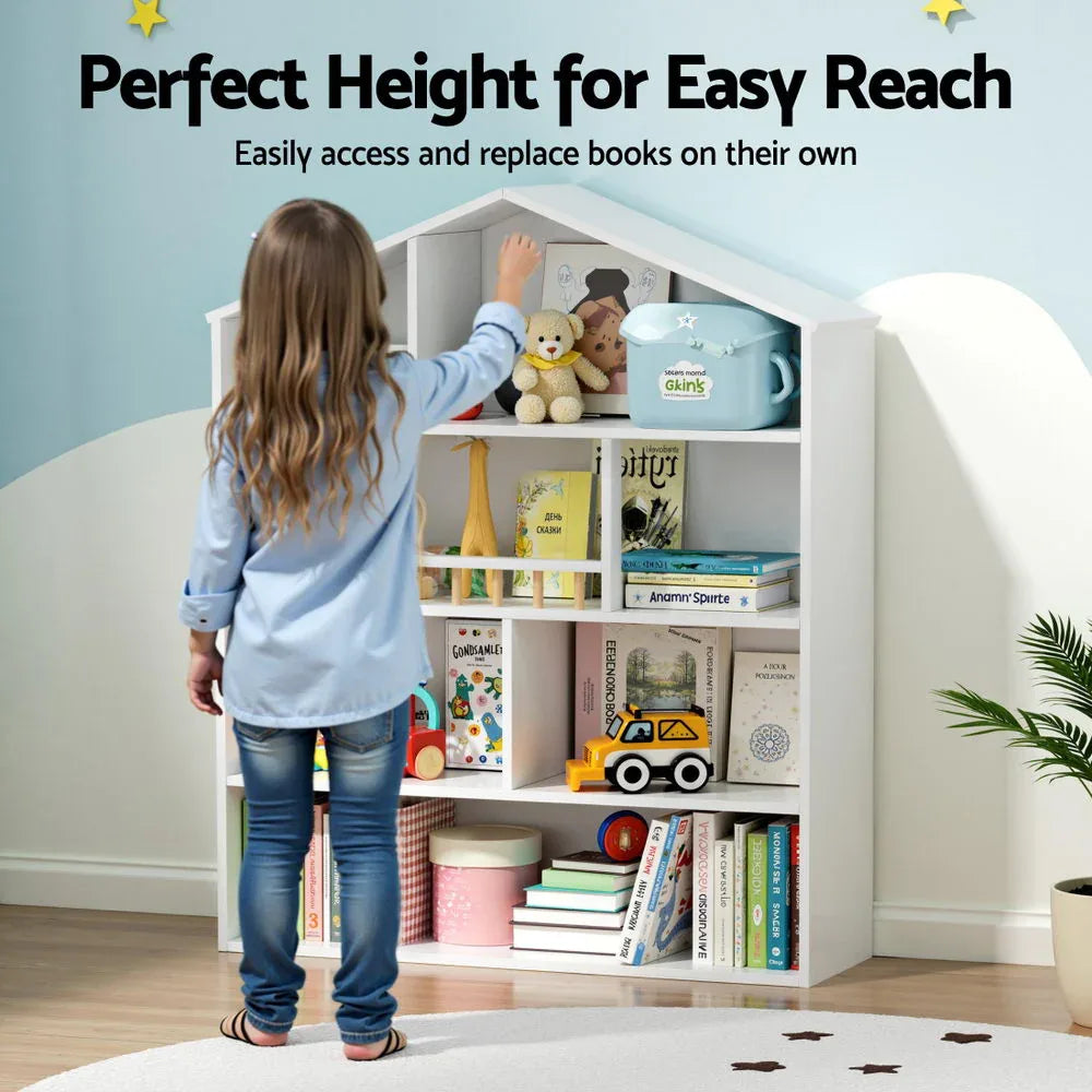 Keezi 4 Tiers Kids Bookshelf Wooden Bookcase Display Storage Organiser Cabinet White - Mekamart Australia