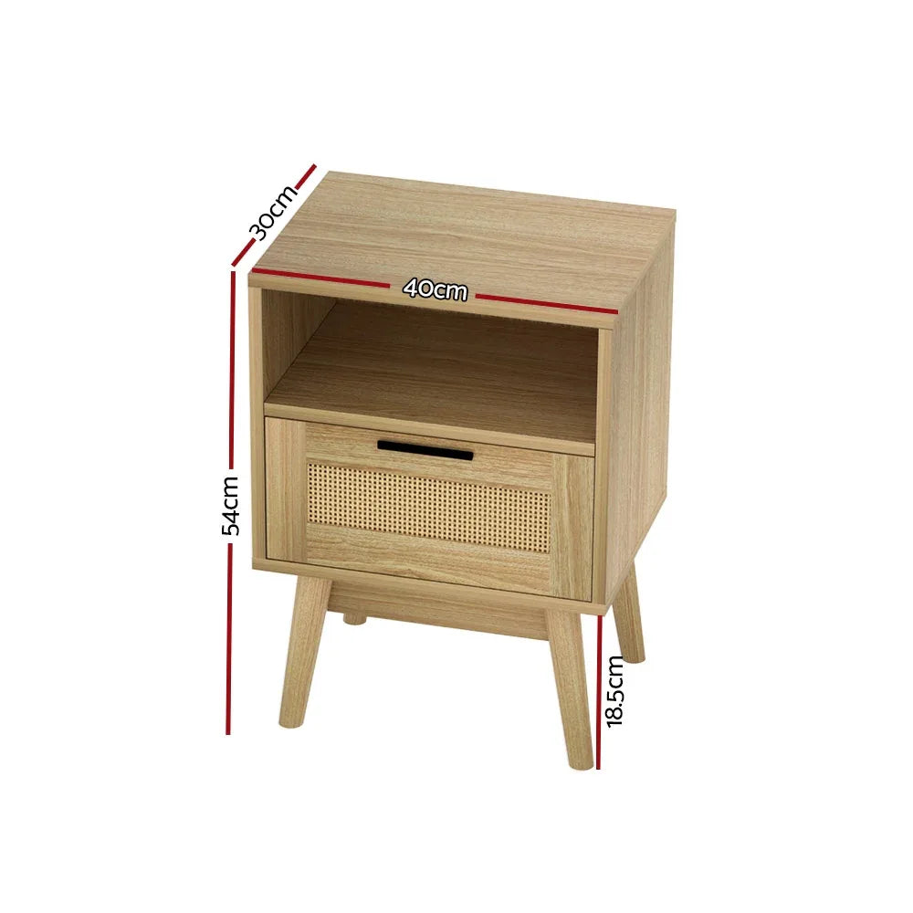 Artiss Rattan Bedside Table 1 Drawer with Shelf - REI Oak - Mekamart Australia
