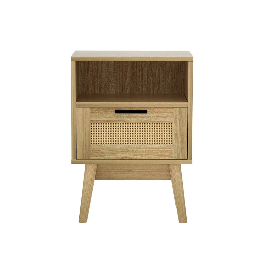 Artiss Rattan Bedside Table 1 Drawer with Shelf - REI Oak - Mekamart Australia