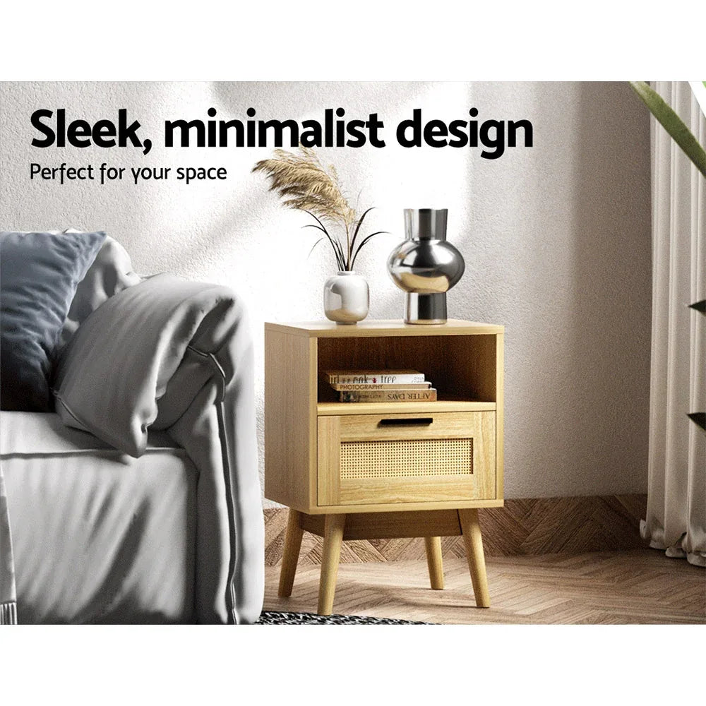 Artiss Rattan Bedside Table 1 Drawer with Shelf - REI Oak - Mekamart Australia