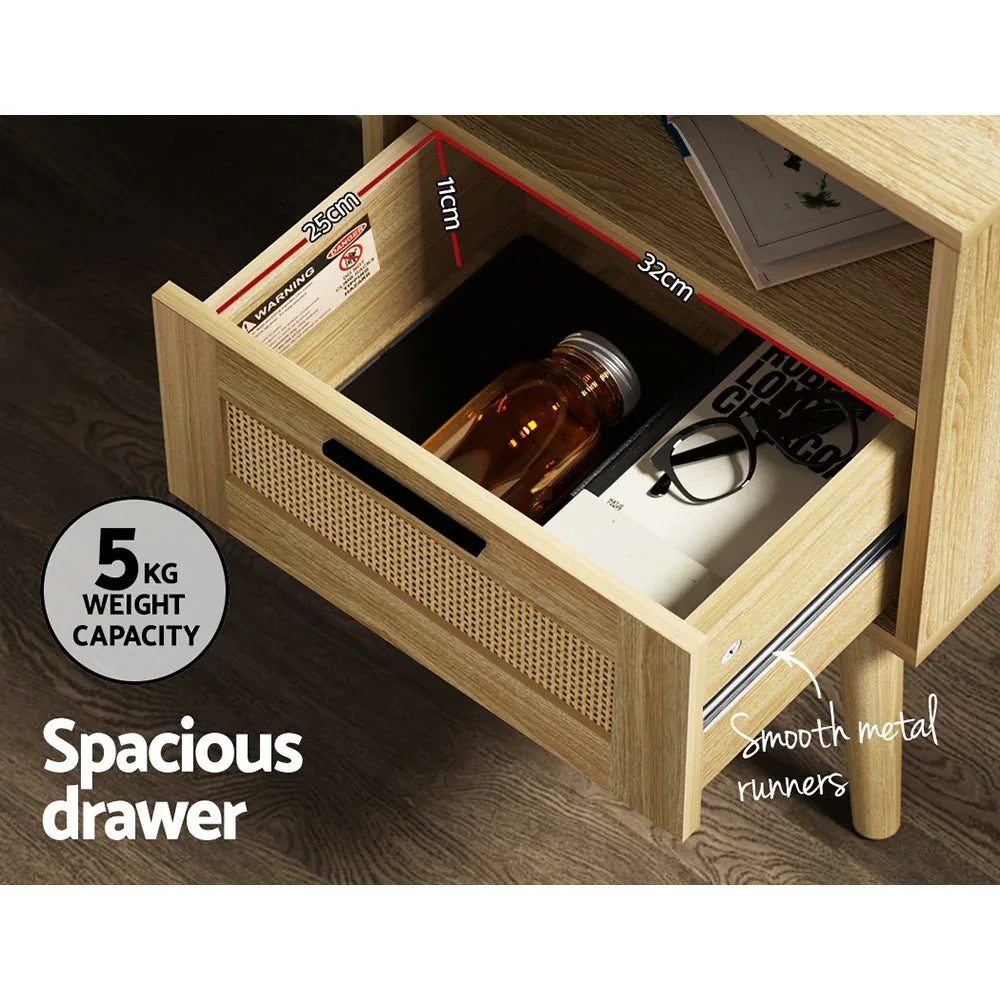 Artiss Rattan Bedside Table 1 Drawer with Shelf - REI Oak - Mekamart Australia
